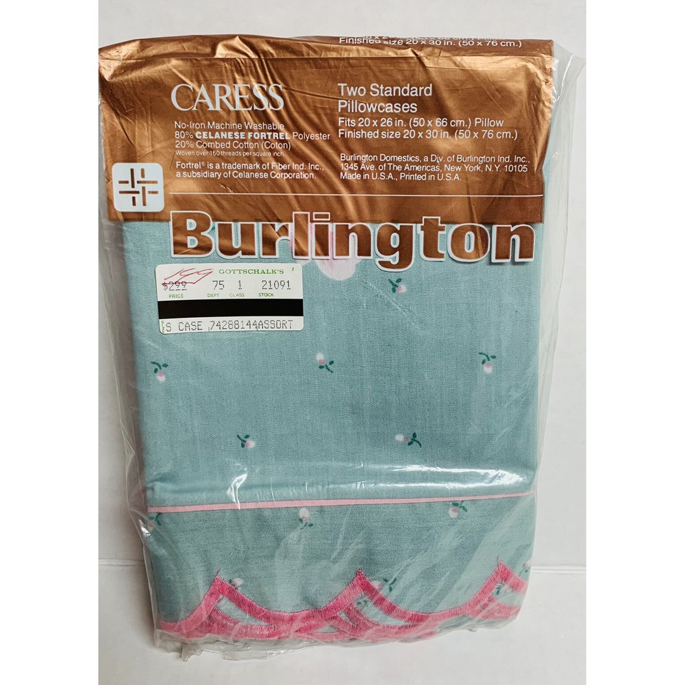 Vtg Caress Burlington No Iron 2 Standard Pillowcases Pretty Floral Made USA NOS